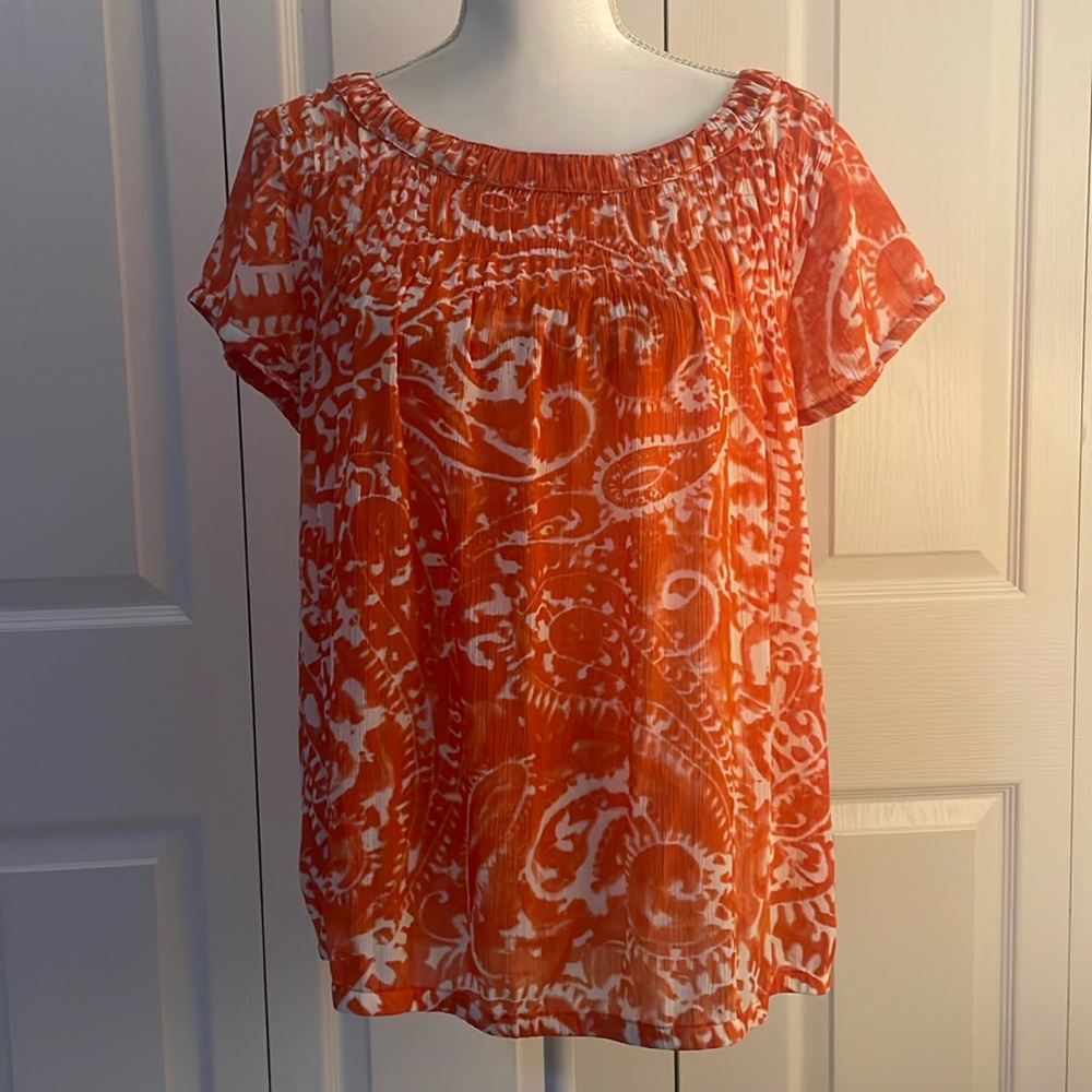 LOFT Women’s SZ L Orange and White Pull Over Short Sleeve Blouse